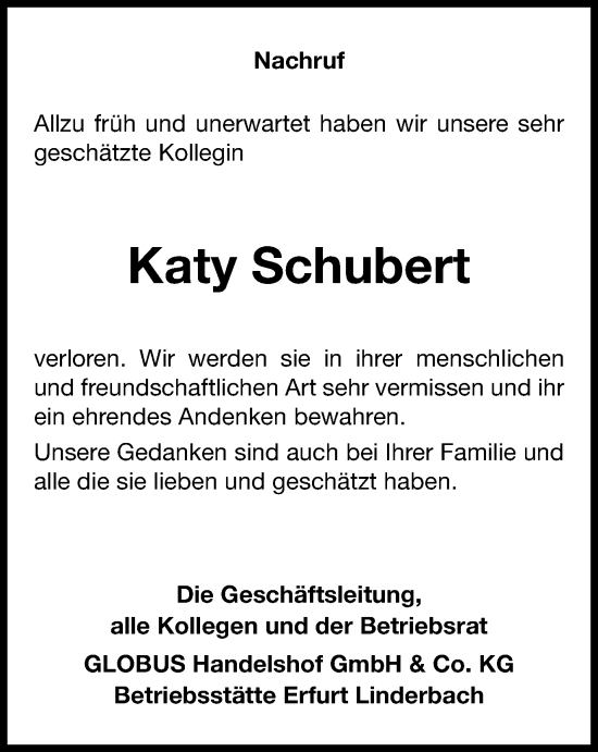 Traueranzeige von Katy Schubert