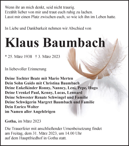 Traueranzeige von Klaus Baumbach von Thüringer Allgemeine, Thüringische Landeszeitung