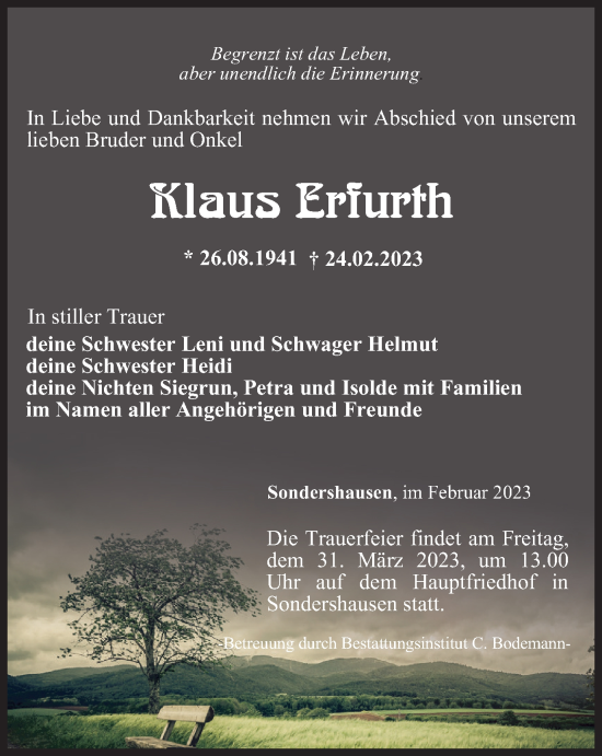 Traueranzeige von Klaus Erfurth