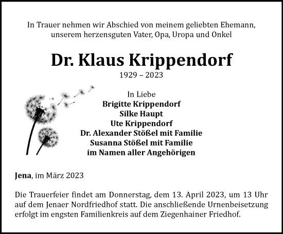 Traueranzeige von Klaus Krippendorf von Ostthüringer Zeitung, Thüringische Landeszeitung