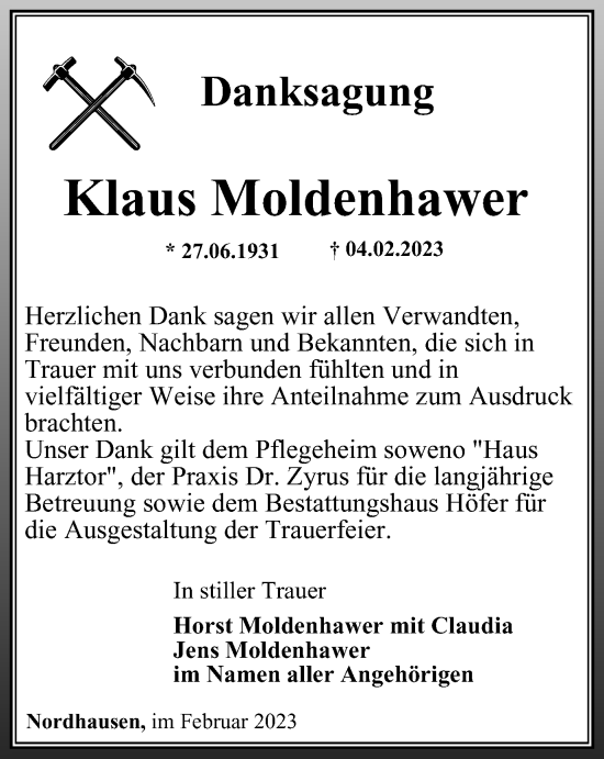 Traueranzeige von Klaus Moldenhawer von Thüringer Allgemeine