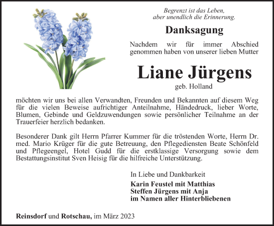 Traueranzeige von Liane Jürgens von Ostthüringer Zeitung