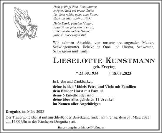Traueranzeige von Lieselotte Kunstmann von Ostthüringer Zeitung
