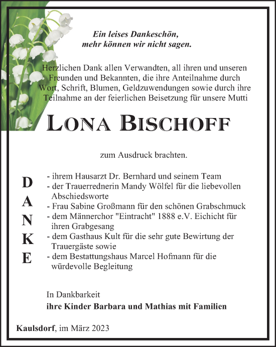 Traueranzeige von Lona Bischoff von Ostthüringer Zeitung