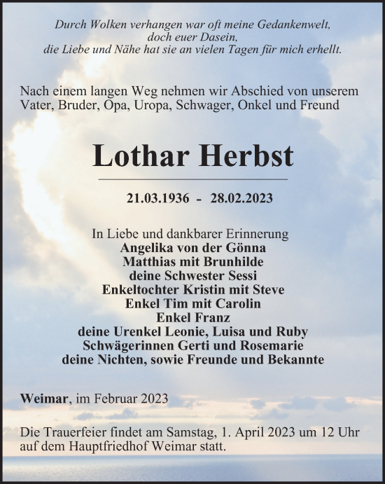 Traueranzeige von Lothar Herbst von Thüringer Allgemeine, Thüringische Landeszeitung