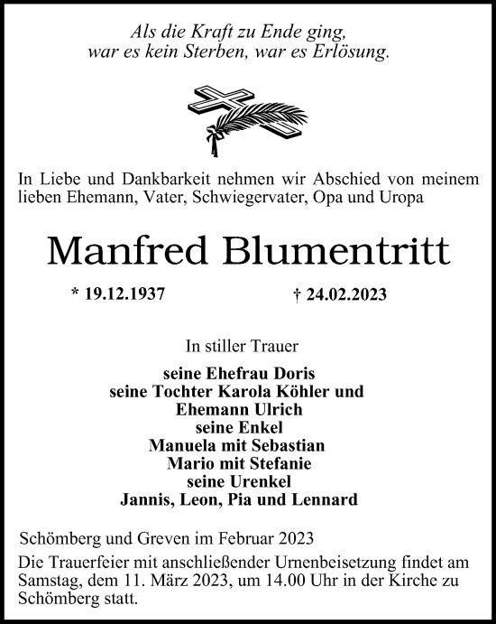 Traueranzeige von Manfred Blumentritt von Ostthüringer Zeitung