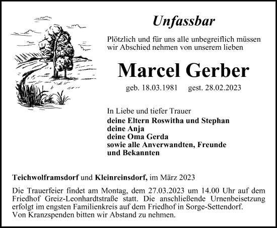 Traueranzeige von Marcel Gerber von Ostthüringer Zeitung
