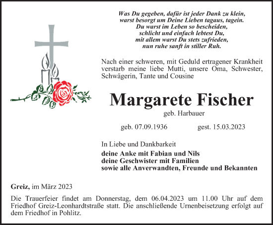 Traueranzeige von Margarete Fischer von Ostthüringer Zeitung