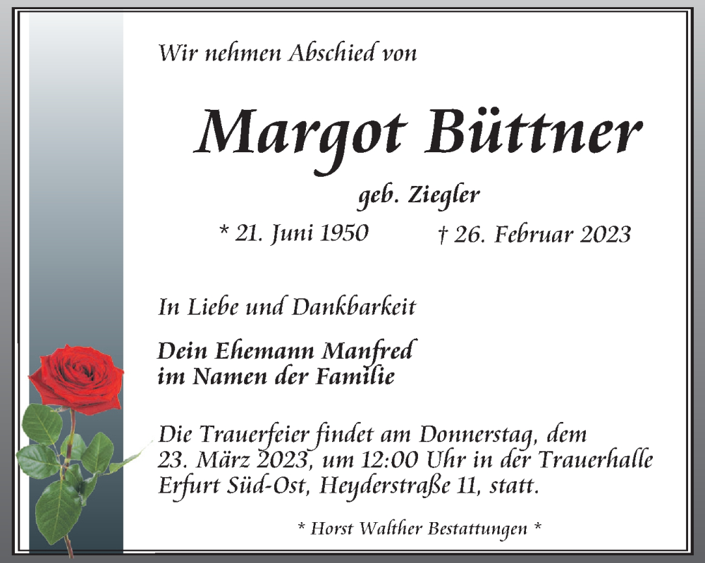  Traueranzeige für Margot Büttner vom 04.03.2023 aus Thüringer Allgemeine, Thüringische Landeszeitung