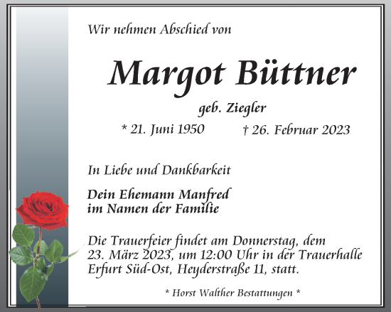 Traueranzeige von Margot Büttner von Thüringer Allgemeine, Thüringische Landeszeitung