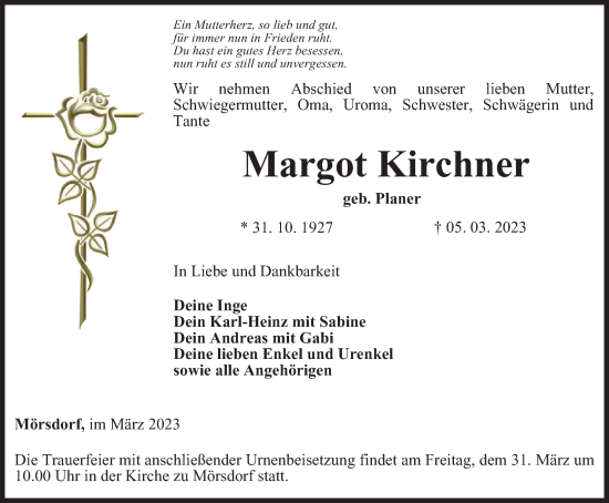Traueranzeige von Margot Kirchner von Ostthüringer Zeitung
