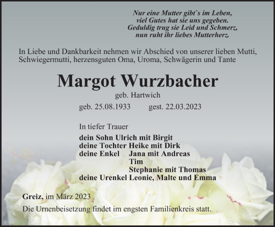 Traueranzeige von Margot Wurzbacher