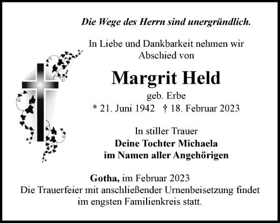 Traueranzeige von Margrit Held von Thüringer Allgemeine, Thüringische Landeszeitung