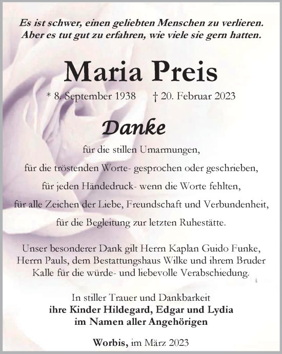 Traueranzeige von Maria Preis von Thüringer Allgemeine