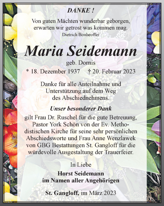 Traueranzeige von Maria Seidemann von Ostthüringer Zeitung