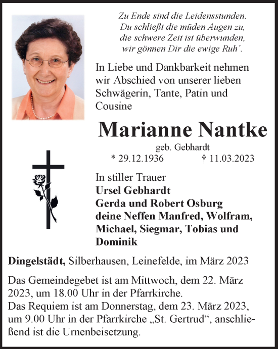 Traueranzeige von Marianne Nantke von Thüringer Allgemeine