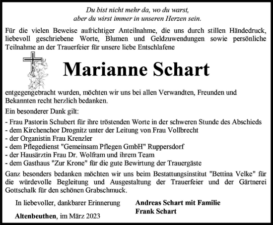 Traueranzeige von Marianne Schart von Ostthüringer Zeitung