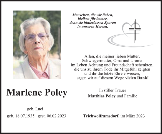 Traueranzeige von Marlene Poley von Ostthüringer Zeitung