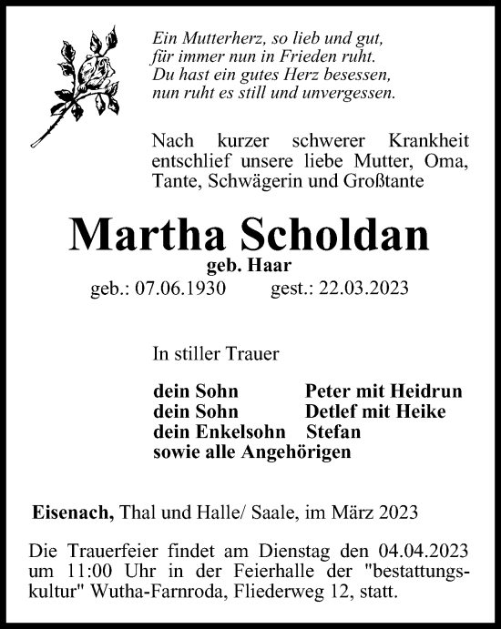 Traueranzeige von Martha Scholdan von Thüringer Allgemeine, Thüringische Landeszeitung