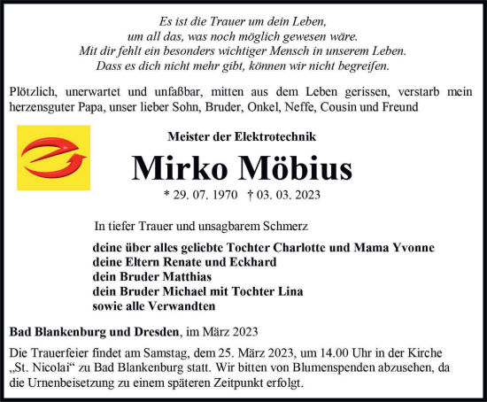Traueranzeige von Mirko Möbius von Ostthüringer Zeitung