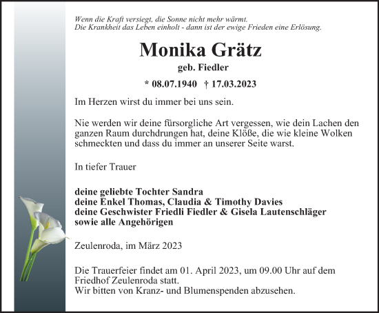 Traueranzeige von Monika Grätz von Ostthüringer Zeitung