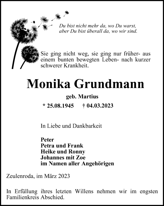 Traueranzeige von Monika Grundmann von Ostthüringer Zeitung