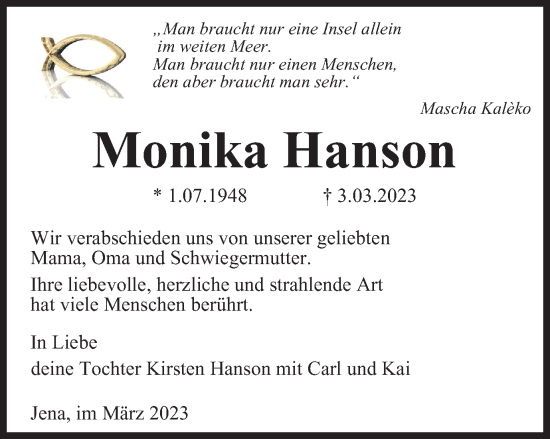 Traueranzeige von Monika Hanson von Ostthüringer Zeitung, Thüringische Landeszeitung