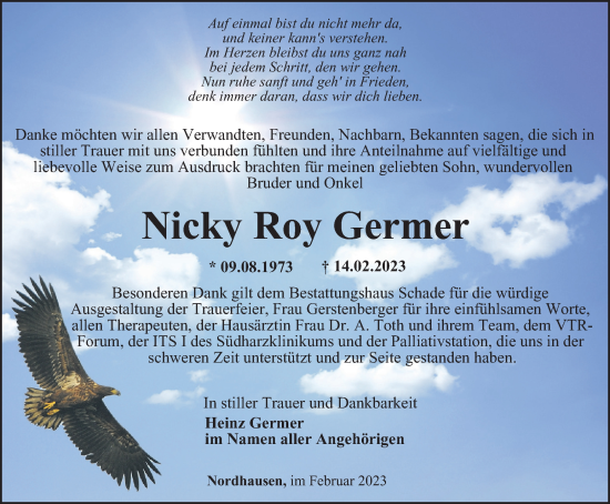 Traueranzeige von Nicky Roy Germer von Thüringer Allgemeine