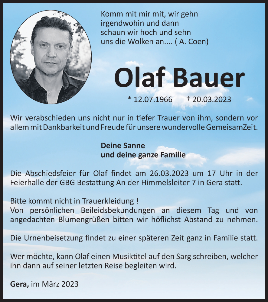  Traueranzeige für Olaf Bauer vom 23.03.2023 aus Ostthüringer Zeitung