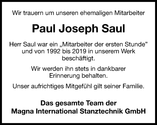 Traueranzeige von Paul Joseph Saul von Thüringer Allgemeine
