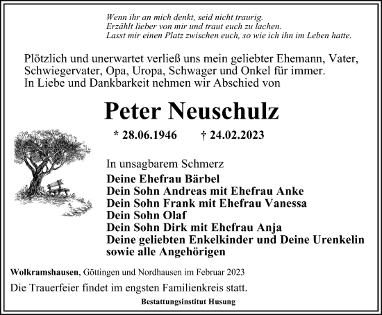 Traueranzeige von Peter Neuschulz von Thüringer Allgemeine