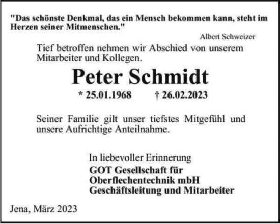 Traueranzeige von Peter Schmidt von Ostthüringer Zeitung, Thüringische Landeszeitung