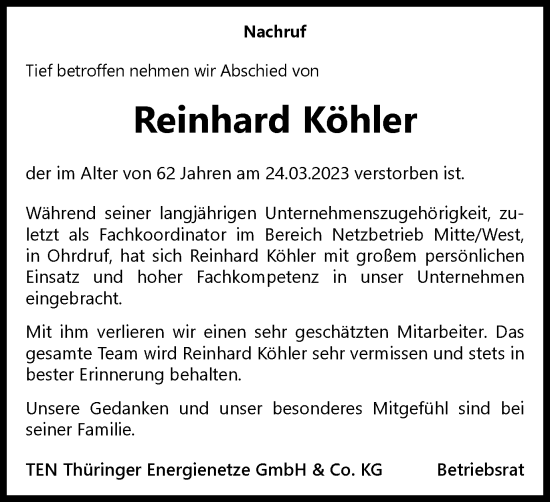 Traueranzeige von Reinhard Köhler von Thüringer Allgemeine