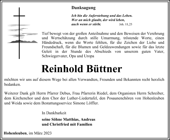 Traueranzeige von Reinhold Büttner von Ostthüringer Zeitung