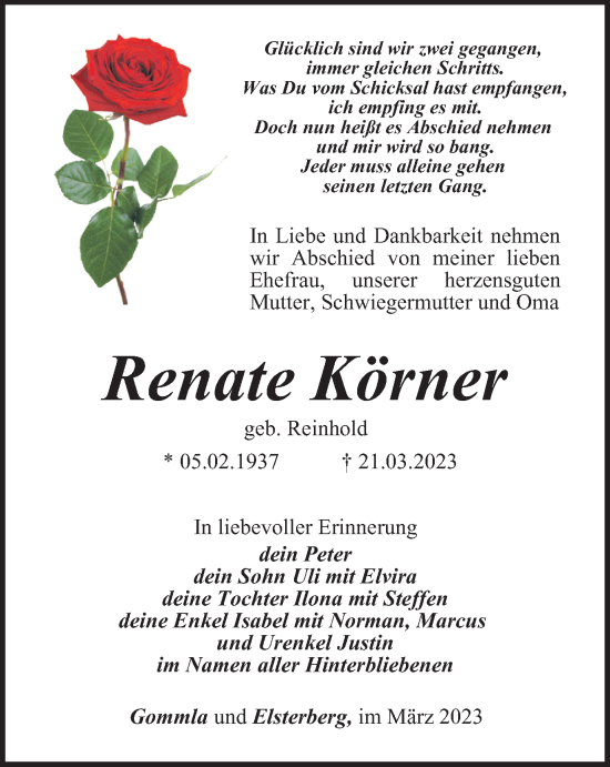 Traueranzeige von Renate Körner von Ostthüringer Zeitung