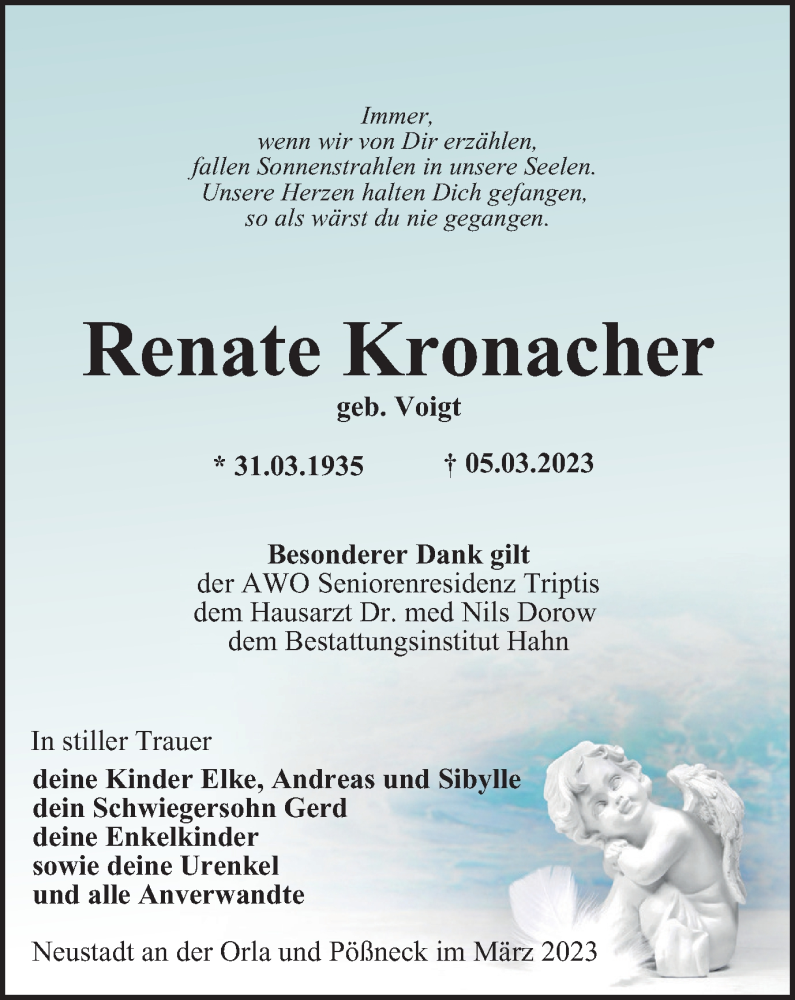  Traueranzeige für Renate Kronacher vom 20.03.2023 aus Ostthüringer Zeitung
