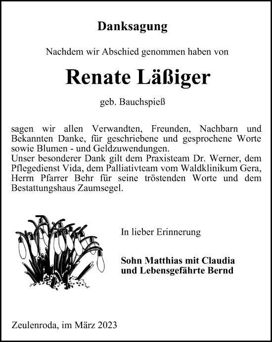 Traueranzeige von Renate Läßiger von Ostthüringer Zeitung