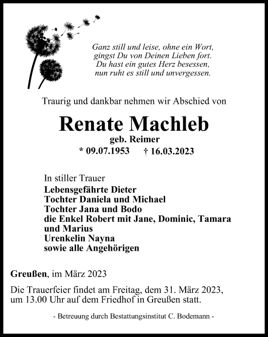 Traueranzeige von Renate Machleb