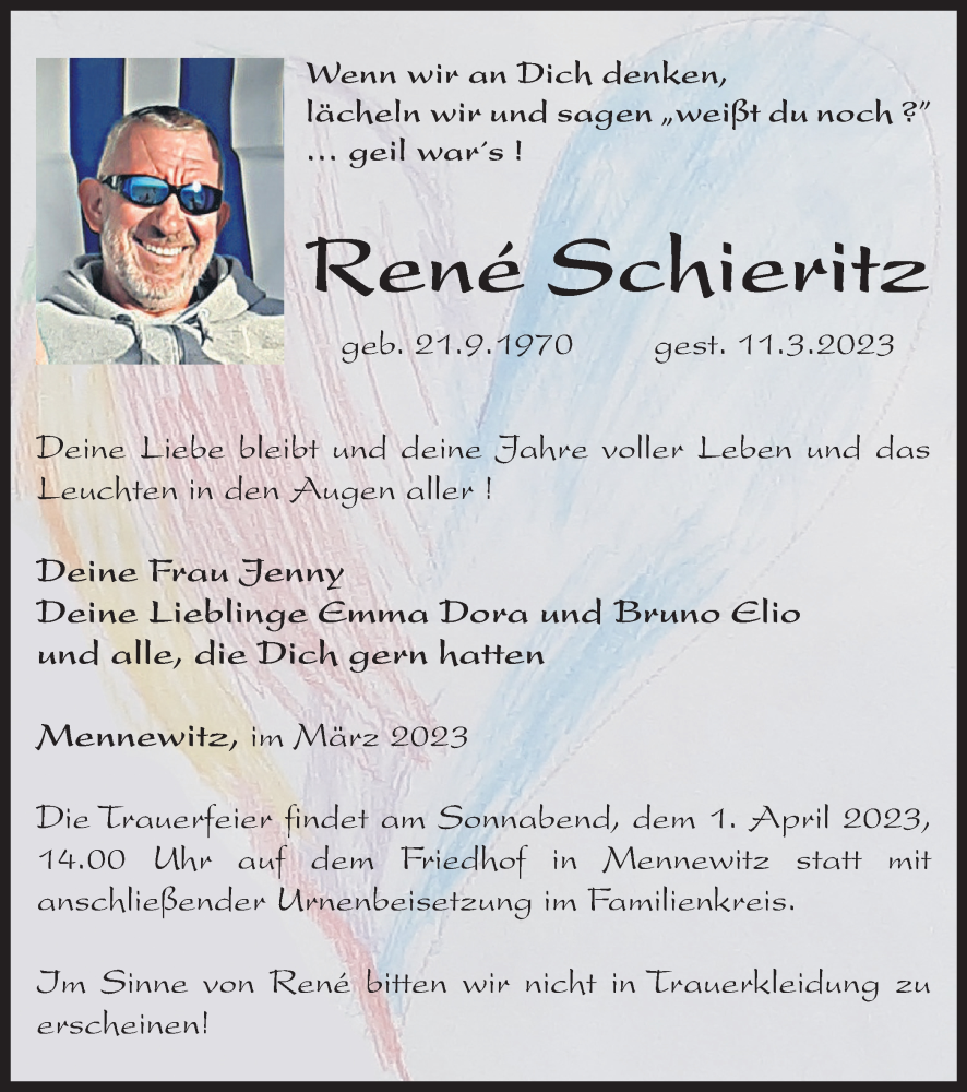  Traueranzeige für Rene Schieritz vom 18.03.2023 aus Ostthüringer Zeitung
