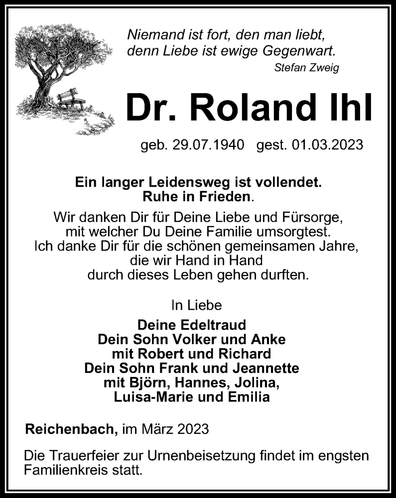  Traueranzeige für Roland Ihl vom 11.03.2023 aus Ostthüringer Zeitung