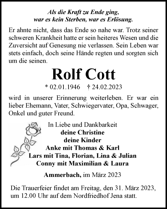 Traueranzeige von Rolf Cott von Ostthüringer Zeitung, Thüringische Landeszeitung