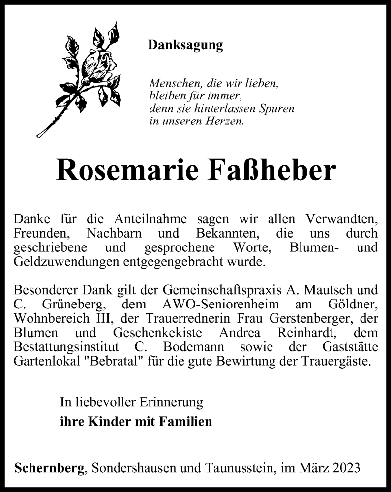  Traueranzeige für Rosemarie Faßheber vom 18.03.2023 aus Thüringer Allgemeine