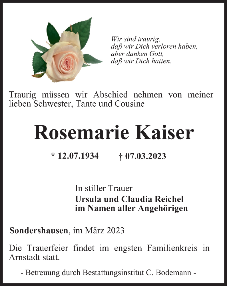  Traueranzeige für Rosemarie Kaiser vom 18.03.2023 aus Thüringer Allgemeine