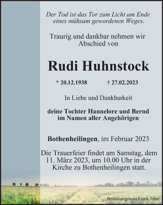 Traueranzeige von Rudi Huhnstock von Thüringer Allgemeine, Thüringische Landeszeitung