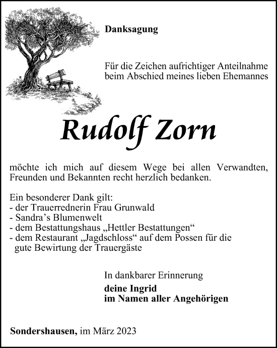 Traueranzeige von Rudolf Zorn von Thüringer Allgemeine