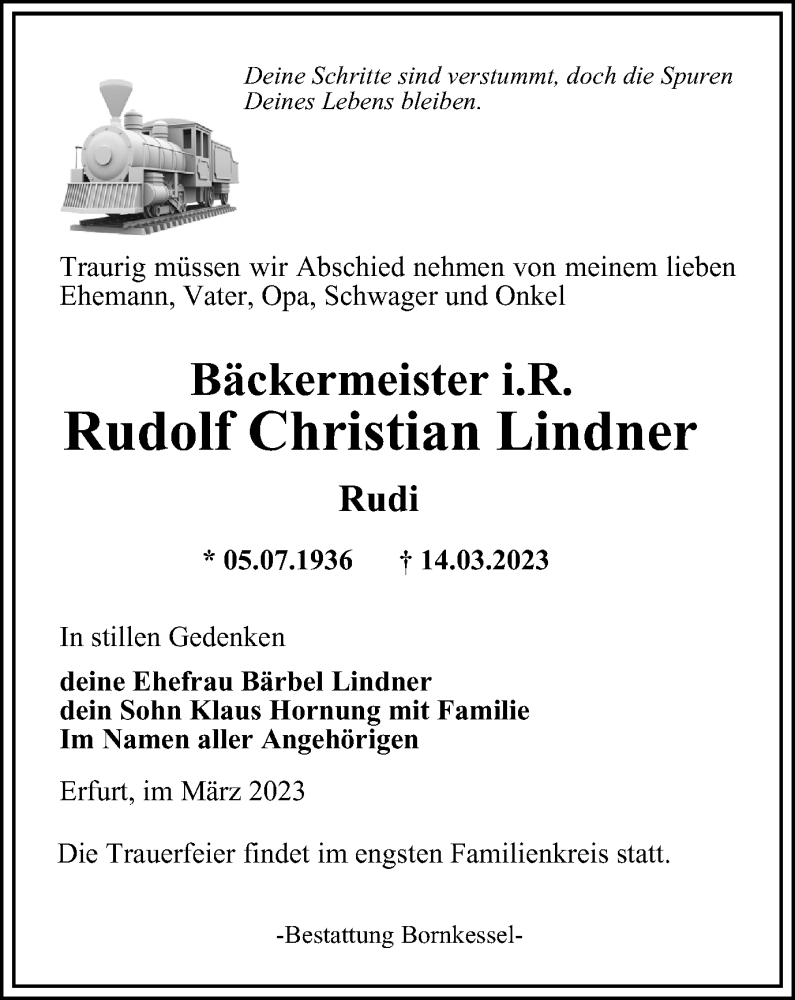  Traueranzeige für Rudolf Christian Lindner vom 18.03.2023 aus Thüringer Allgemeine, Thüringische Landeszeitung