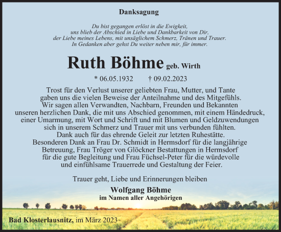 Traueranzeige von Ruth Böhme von Ostthüringer Zeitung