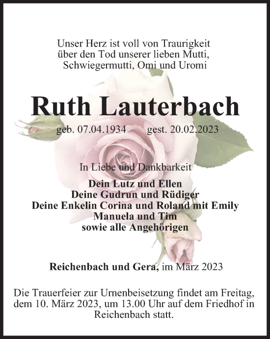 Traueranzeige von Ruth Lauterbach von Ostthüringer Zeitung