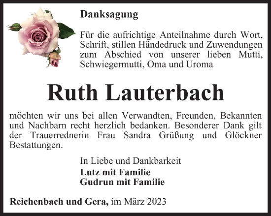 Traueranzeige von Ruth Lauterbach von Ostthüringer Zeitung