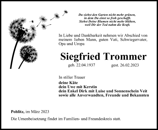 Traueranzeige von Siegfried Trommer von Ostthüringer Zeitung